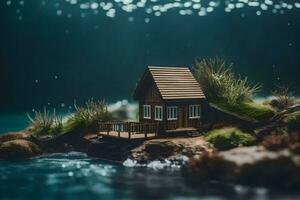 a miniature house on a small island in the water. AI-Generated photo