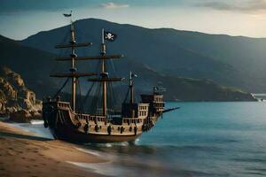 a pirate ship is on the beach near the ocean. AI-Generated photo