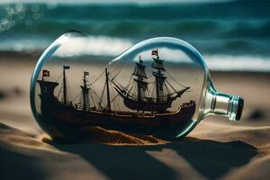 a ship in a bottle on the beach. AI-Generated photo