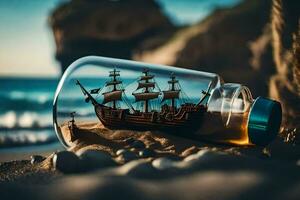 a ship in a bottle on the beach. AI-Generated photo