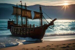 a wooden ship on the beach at sunset. AI-Generated photo