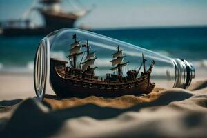 un modelo Embarcacion dentro un vaso botella en el playa. generado por ai foto