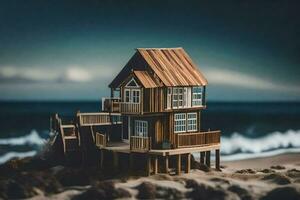 un miniatura casa en el playa con un ver de el océano. generado por ai foto