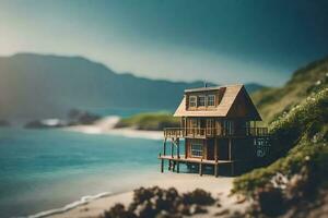 a miniature house on the beach by the ocean. AI-Generated photo