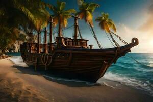 a pirate ship on the beach. AI-Generated photo