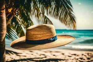 un Paja sombrero en el playa. generado por ai foto