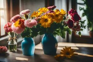 two blue vases with flowers sitting on a table. AI-Generated photo