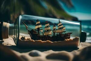 ship in a bottle, beach, sand, sea, sand, ocean, sand, beach,. AI-Generated photo