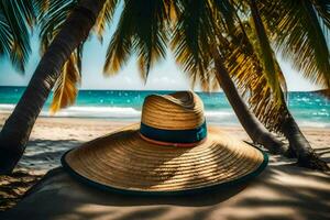 a hat sits on the sand near palm trees. AI-Generated photo