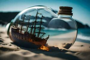 a ship in a bottle on the beach. AI-Generated photo