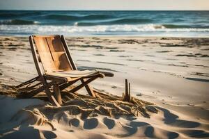 a beach chair sitting on the sand near the ocean. AI-Generated photo