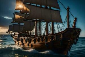 a large wooden sailing ship in the ocean. AI-Generated photo