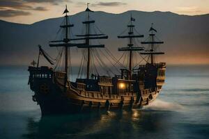 a pirate ship in the ocean at sunset. AI-Generated photo