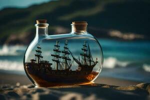 ship in a bottle on the beach. AI-Generated photo