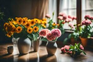 flowers in vases on a table near a window. AI-Generated photo