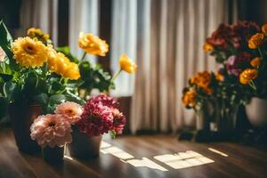 flowers in vases on a wooden floor. AI-Generated photo