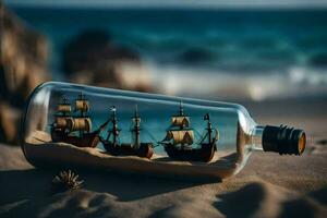 ship in a bottle on the beach. AI-Generated photo