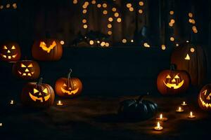 halloween pumpkins lit up in the dark with lights. AI-Generated photo