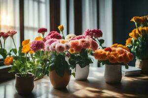 flowers in vases on a table. AI-Generated photo