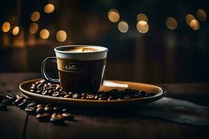 coffee beans on a wooden table. AI-Generated photo