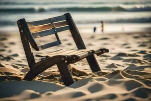 un de madera silla se sienta en el arena a el playa. generado por ai foto