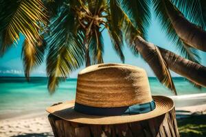 a straw hat on a wooden post on the beach. AI-Generated photo