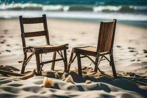 two chairs sitting on the sand near the ocean. AI-Generated photo