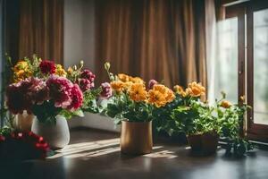 flowers in vases on a table in front of a window. AI-Generated photo