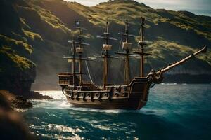 a pirate ship in the ocean near a cliff. AI-Generated photo
