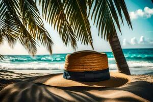 a hat on the beach with palm trees. AI-Generated photo