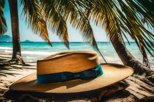 a hat sits on the beach near palm trees. AI-Generated photo