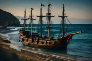 a pirate ship on the beach. AI-Generated photo