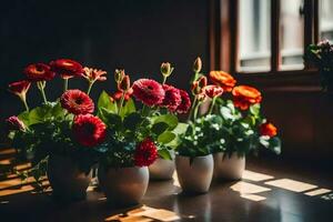 red flowers in vases on a wooden table. AI-Generated photo