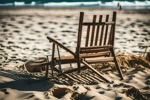 a chair sits on the beach with the ocean in the background. AI-Generated photo