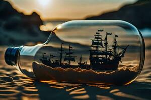 a bottle with a ship inside of it on the beach. AI-Generated photo