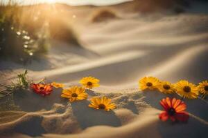 photo wallpaper sand, flowers, the sun, the desert, flowers, the desert, flowers,. AI-Generated