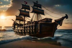 a pirate ship is sailing on the ocean at sunset. AI-Generated photo