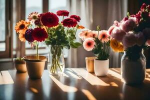 flowers in vases on a table. AI-Generated photo