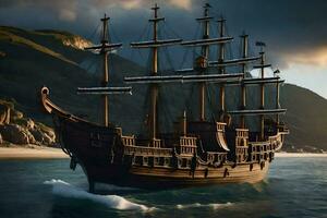 a pirate ship is sailing in the ocean. AI-Generated photo