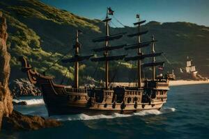 a pirate ship in the ocean near a cliff. AI-Generated photo