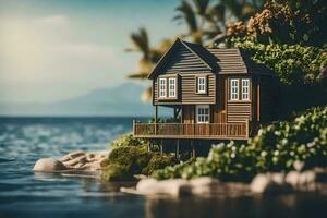 a miniature house on the shore of the ocean. AI-Generated photo