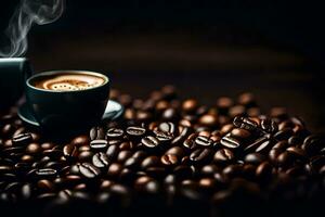 a cup of coffee is surrounded by coffee beans. AI-Generated photo