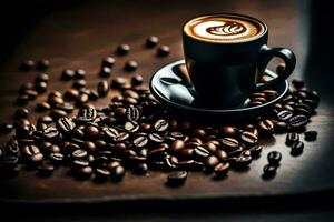 a cup of coffee on a wooden table with coffee beans. AI-Generated photo