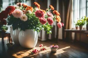 flowers in vases on the floor. AI-Generated photo