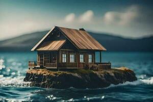 a small house floating in the ocean. AI-Generated photo