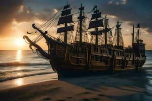 a pirate ship on the beach at sunset. AI-Generated photo