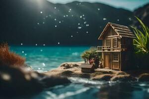 a miniature house on the beach by the water. AI-Generated photo