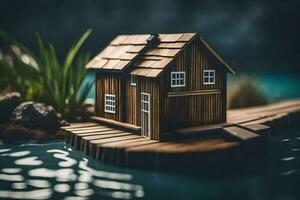 un miniatura casa en un pequeño isla en el agua. generado por ai foto