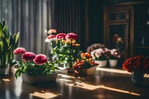 flowers in vases on a table. AI-Generated photo