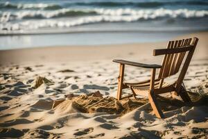 un de madera silla se sienta en el playa cerca el océano. generado por ai foto